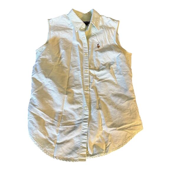 Ralph Lauren Sport 4 Green White Striped Sleeveless Button Up Collared Blouse - Picture 1 of 12
